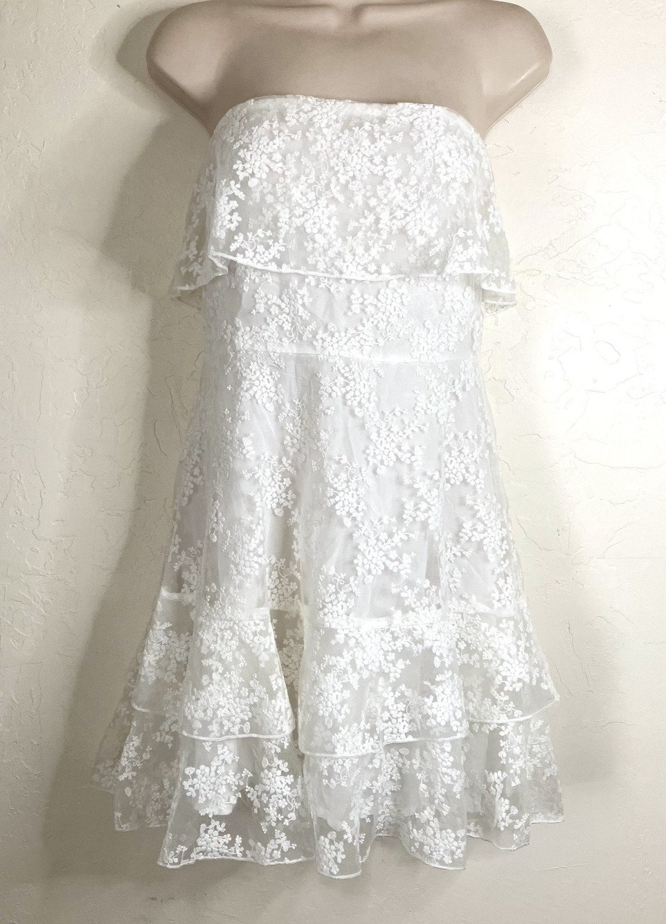 Fanco White Lace Strapless Tiered Mini Dress Flounce Bodice Bridal Sz M NWT